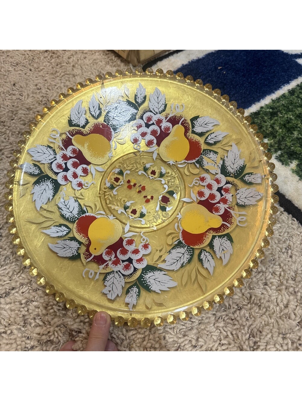 Goofus glass, early 20th century vintage yellow-tinted pressed glass